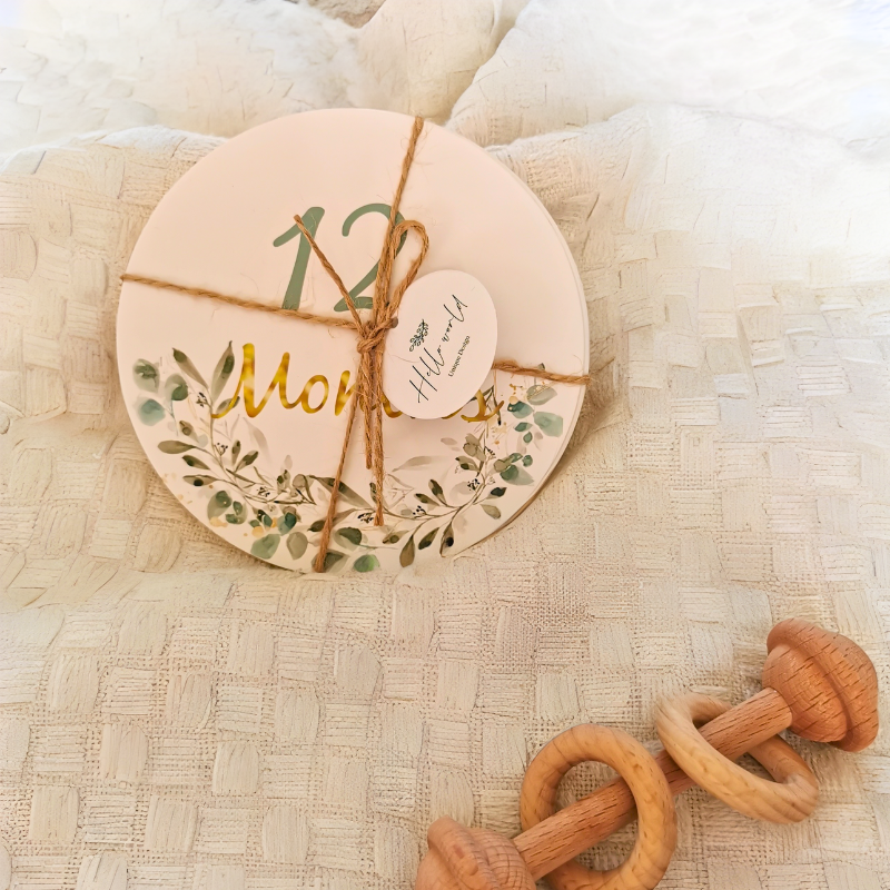 12 maanden baby milkaarten wit met groene planten