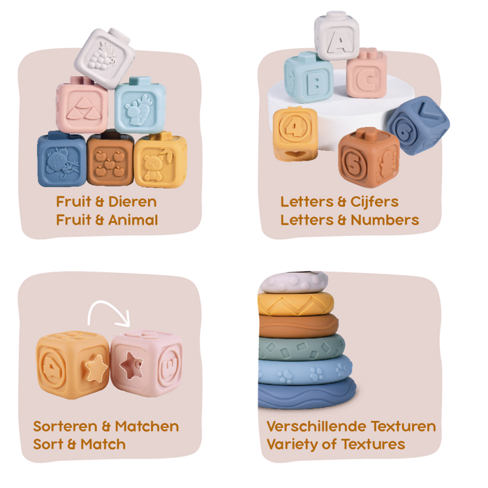 stapelspeelgoed met fruit, dieren, letters, cijfers en texturen. Ook vormen sorteren en matchen