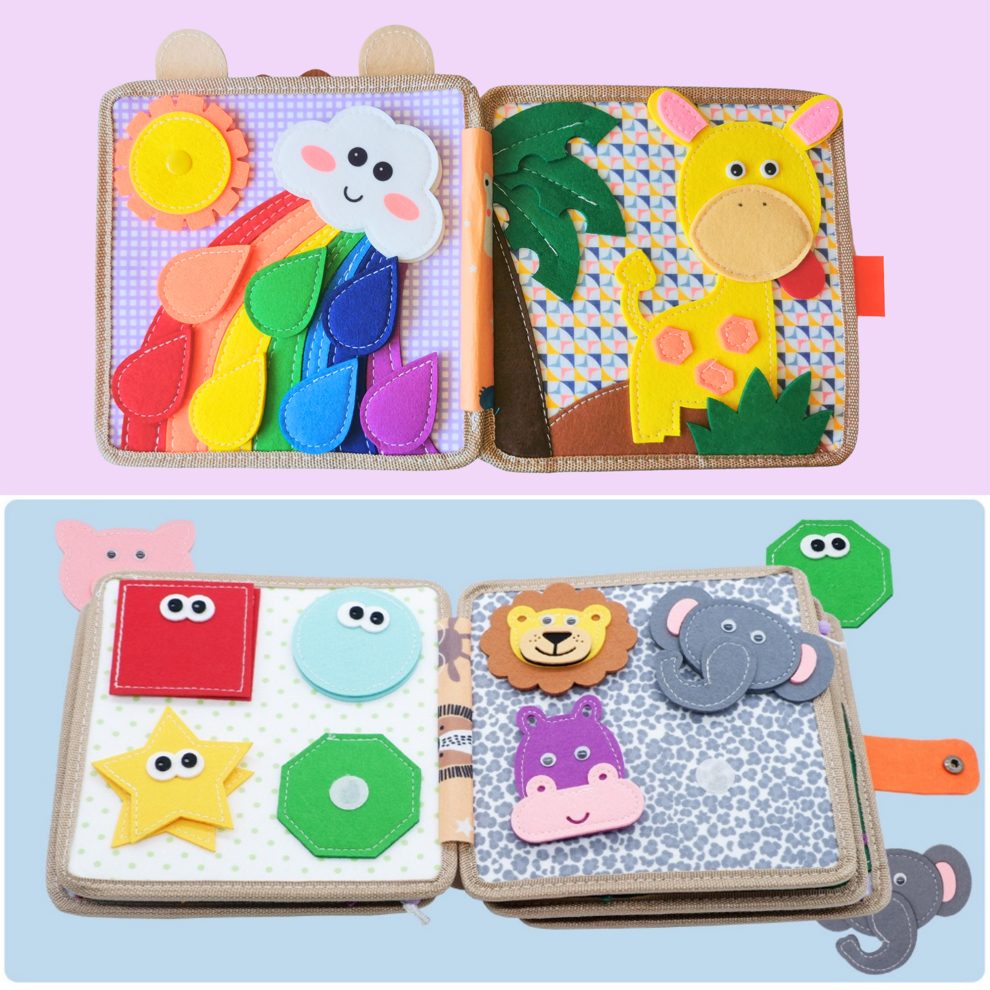 busy board boek pagina's met dieren, vormen en kleuren matchen op een regenboog