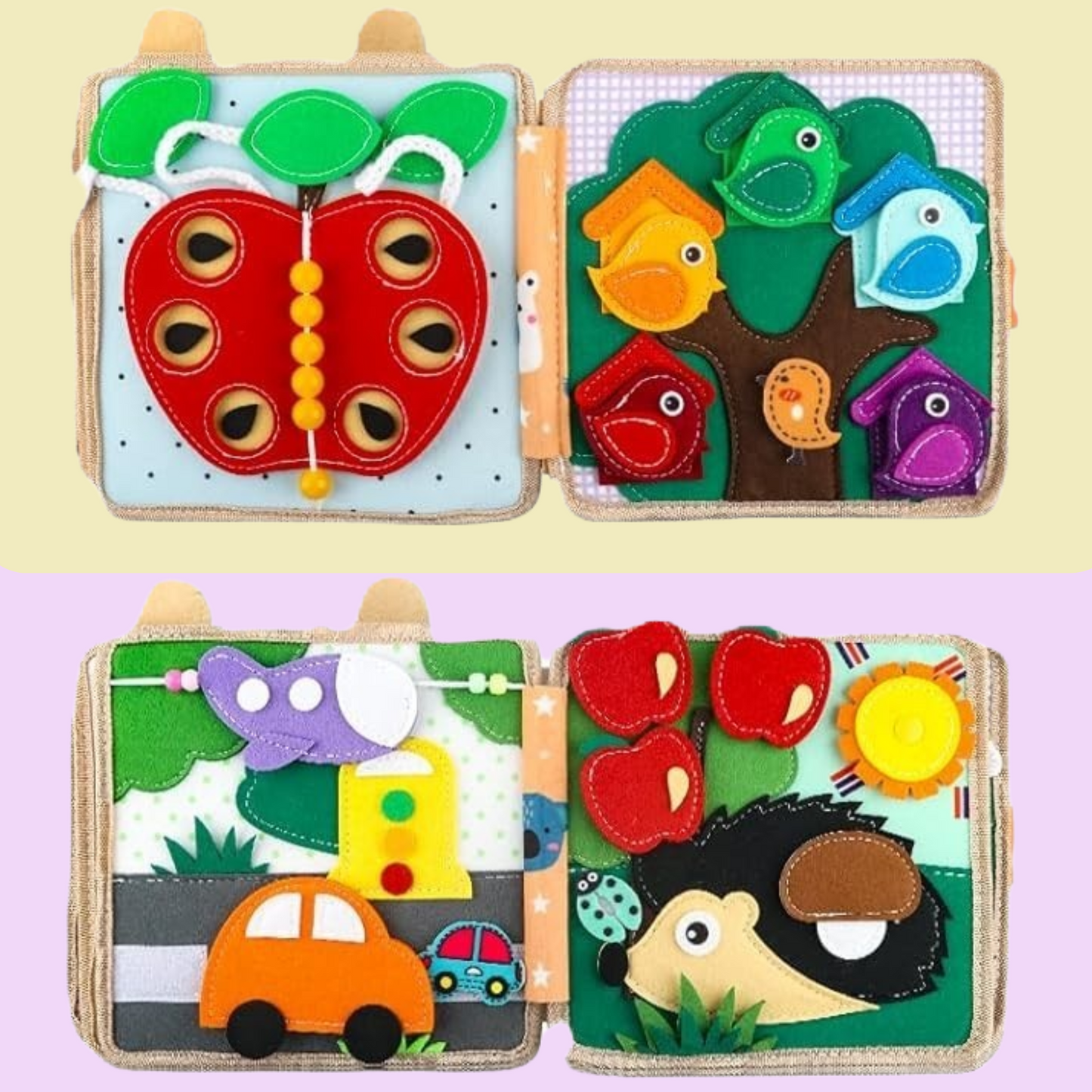 busy board boek pagina's met autos, vogels en appel