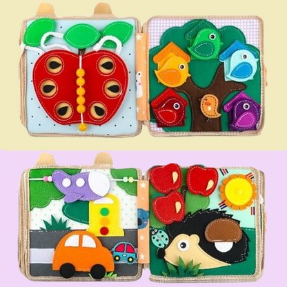 busy board boek pagina's met autos, vogels en appel